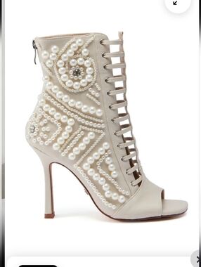 Pearl-Embellished Cream Lace-Up Peep-Toe Stiletto Boot